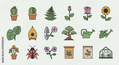 Gardening Icons Set: Plants, Flowers, Tools, and Insects
