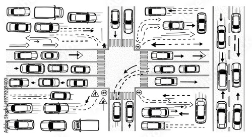 Busy City Intersection with Traffic and Arrows Showing Flow.
