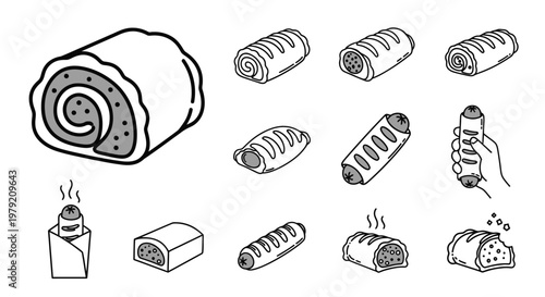 Hand Drawn Food Icons: Pastry, Roll, Sausage Roll, Sweet Swirl