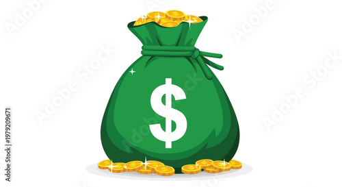 A green bag overflowing with golden coins and a dollar sign