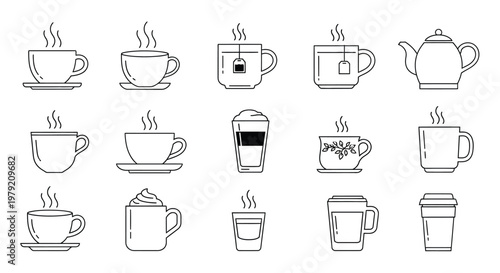Line art illustration of various hot beverages and a teapot