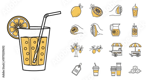 Hand Drawn Lemonade Icons and Illustration: Refreshing Drink, Fruits, Stand