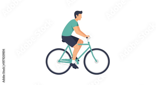 A young man riding a teal bicycle on a white background simple illustration