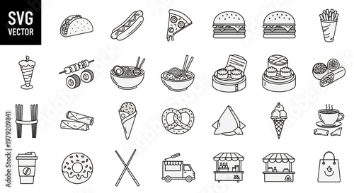Hand-drawn fast food and street food icons, vector illustration