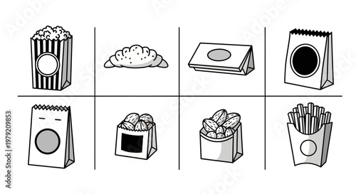 Hand-drawn fast food icons: popcorn, croissant, nuts, french fries, paper bags