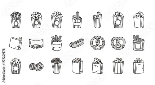 Hand-Drawn Fast Food Icons: Popcorn, Fries, Hot Dog, Pretzel, Snacks