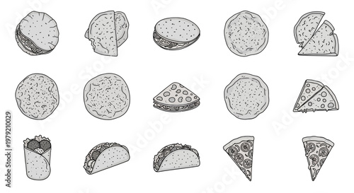 Hand-drawn Mexican and Italian Food Icons: Tacos, Pizza, Burritos, Flatbreads