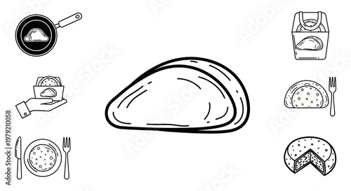 Hand-drawn Pizza Icons: Dough, Slice, Pan, Takeaway, Serving, Whole