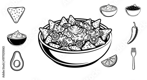 Hand-Drawn Nachos Bowl with Dips, Avocado, Chili, and Lime Slice