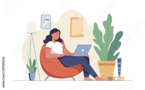 Woman working on laptop in a cozy plant filled living room setting