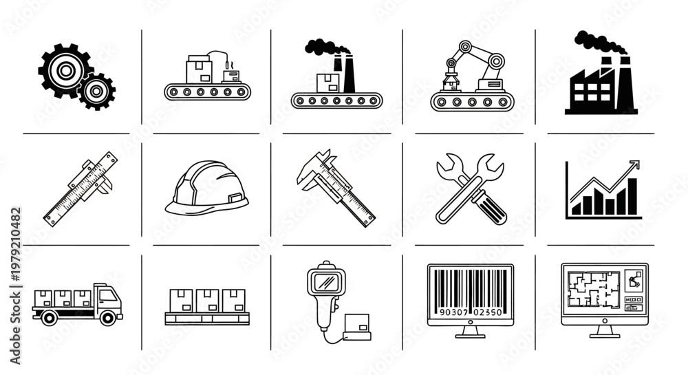 Fototapeta premium Industrial Icons: Manufacturing, Engineering, Logistics, and Technology Set