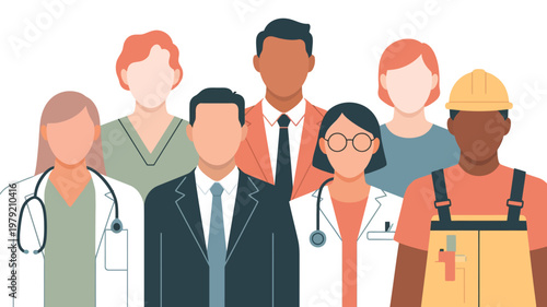 Diverse group of professionals representing various careers and backgrounds illustrated