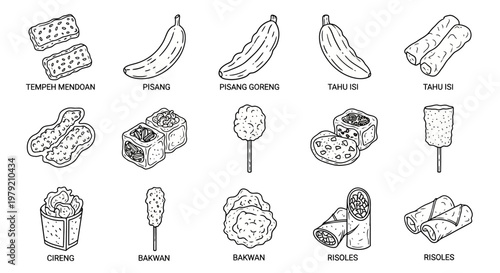 Indonesian Food Illustrations: Tempeh, Banana, Tahu Isi, Risoles, Lumpia