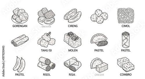 Indonesian Street Food Illustrations: Gorengan, Bakwan, Cireng, Cimol, Pastel