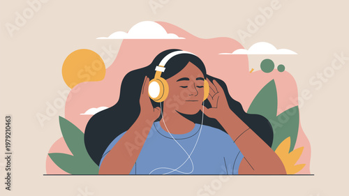 Woman enjoying music with headphones peaceful and relaxed outdoor scene