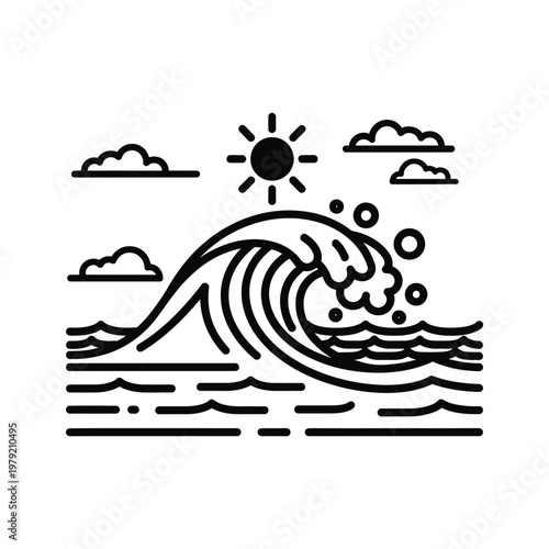 Ocean Wave Sun Clouds Line Art Commercial