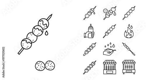 Japanese Street Food Icons: Dango Skewers, Sauce, Grill and Market Stall