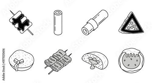 Japanese Street Food Icons: Yakitori, Onigiri, Takoyaki, Okonomiyaki
