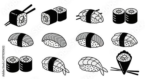 Japanese Sushi Set Icon Collection: Nigiri, Maki, and Temaki Rolls