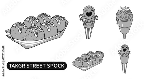 Japanese Takoyaki Street Food Illustration and Octopus Character