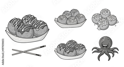 Japanese Takoyaki Street Food Illustration Set with Octopus Character
