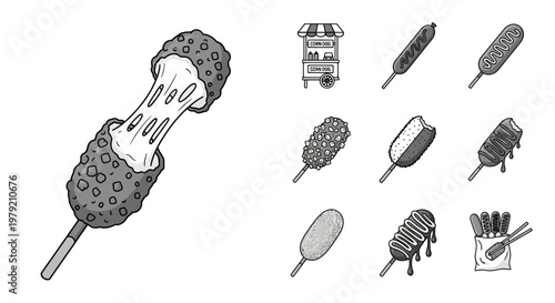 Korean Corn Dog Assortment: Cheese Stretch, Variety, Street Food Icons