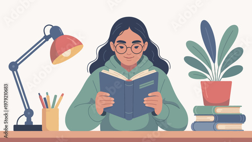 A young woman happily reading a book at a well lit desk with plants