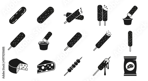 Korean Corn Dogs and Cheese Icons Set - Black and White Vector Graphics