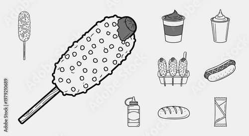 Korean Corn Dog Set: Illustration of Korean street food icons, hot dog, snacks