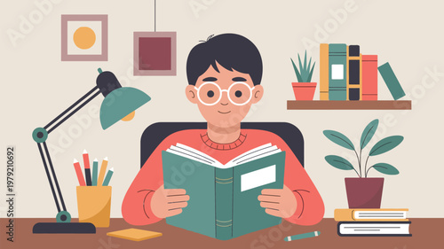 A young boy sits reading a book at a desk with study materials