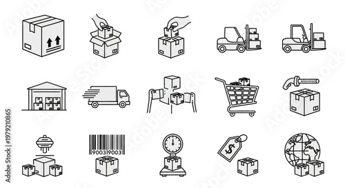 Logistics and Shipping Icons Set: Delivery, Warehouse, Forklift, Truck, Package