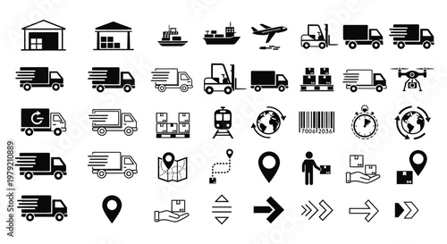 Logistics Icons: Shipping, Delivery, Transport, Warehouse, Truck, Plane, Drone, Map