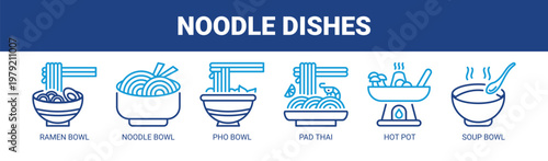 Noodle Dishes web banner icon vector illustration concept with icons of ramen bowl, noodle bowl, pho bowl, pad thai, hot pot, and soup bowl. 
