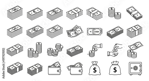 Money Icons Set: Cash, Coins, Wallet, Safe, Money Bag - Vector Illustration