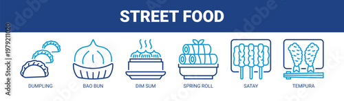 Street Food web banner icon vector illustration concept with icons of dumpling, bao bun, dim sum, spring roll, satay, and tempura. 
