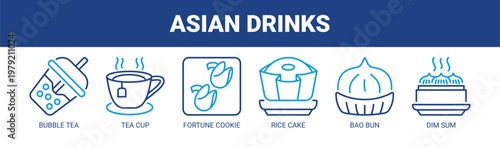Asian Drinks web banner icon vector illustration concept with icons of bubble tea, tea cup, fortune cookie, rice cake, bao bun, and dim sum. 