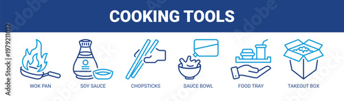 Cooking Tools web banner icon vector illustration concept with icons of wok pan, soy sauce, chopsticks, sauce bowl, food tray, and takeout box. 