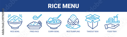 Rice Menu web banner icon vector illustration concept with icons of rice bowl, fried rice, curry bowl, rice dumpling, takeout box, and food tray. 