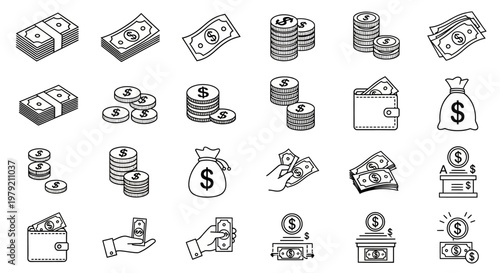 Money Icons: Bills, Coins, Wallet, Bag, Hand and Bank - Business & Finance Icons
