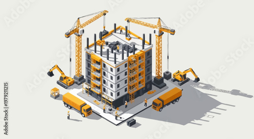 Isometric illustration of a construction site with a building under development, cranes, excavators, and trucks.