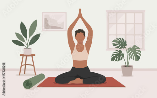 A serene illustration of a woman practicing yoga indoors with lush plants