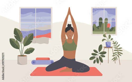 A serene illustration of a woman practicing yoga indoors with lush plants
