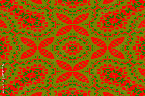 Seamless Minimalist Geometric Decorative Pattern in Shades of Red, Green and Gold