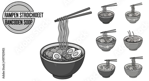 Ramen Noodle Soup Bowl with Chopsticks and Egg, Set of 7 Illustrations