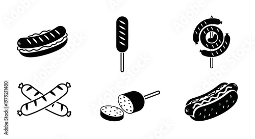 Sausage Icons: Hot Dog, Grilled Sausage, Bratwurst, Kebab