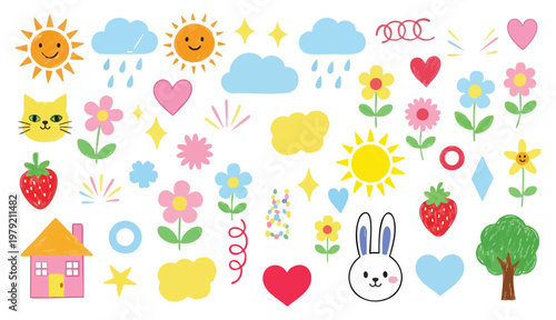 Cheerful crayon drawings of a yellow cat blue bunny rainbow and houses.