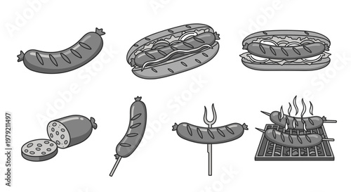 Sausage Variety: Hot Dog, Grilled, Cut, and Skewered Icons