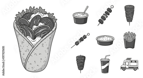 Shawarma Food Truck Vector Illustration: Wrap, Skewers, Fries, Drink