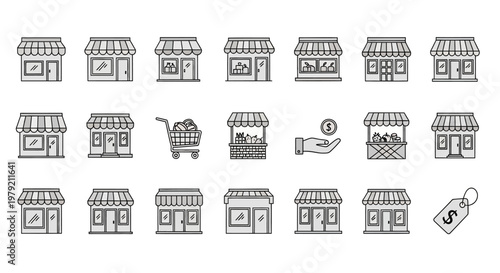 Small Business Store Icons Set, Shop Fronts, Market Stalls, Retail Collection