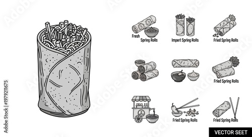 Spring Roll Set Icons and Illustration: Fresh, Fried, and Filled